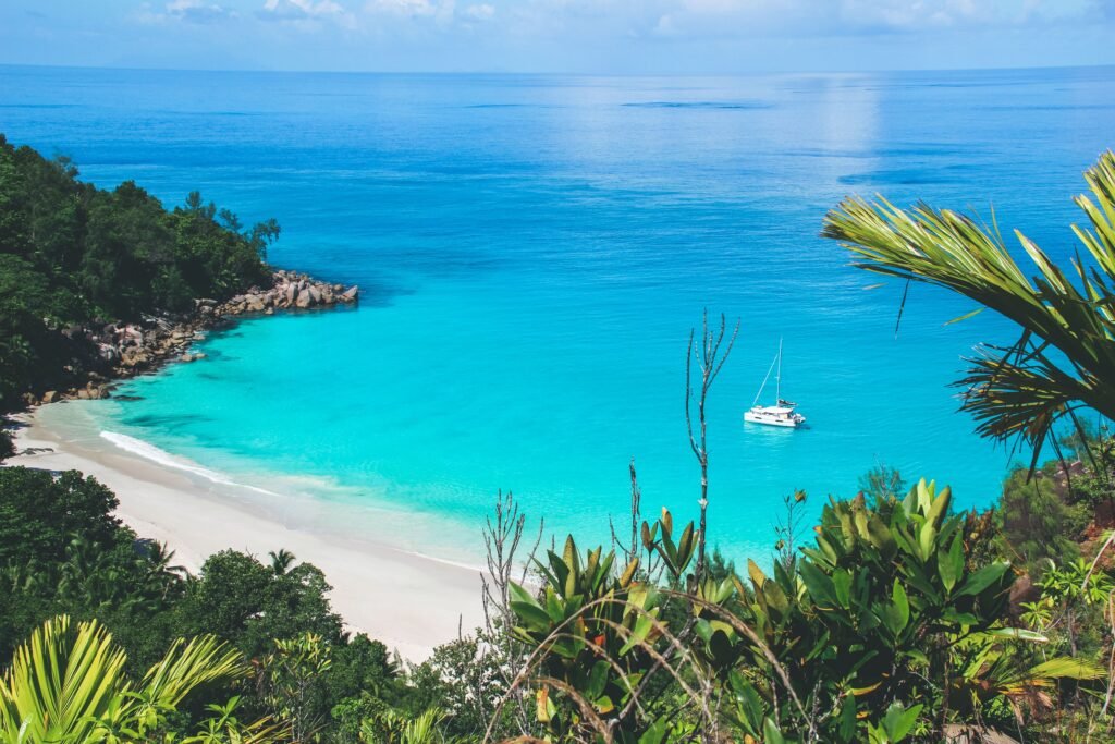 Stunning tropical beach in Seychelles with crystal-clear turquoise water and lush greenery.